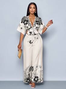 SOLERSUN 女士花卉印花蝴蝶袖短款上衣和阔腿裤两件套，春夏度假风格