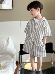 Dazy Kids 2 件套幼儿男童条纹短袖衬衫和短裤休闲装，夏季 - 白色 - 查看 7