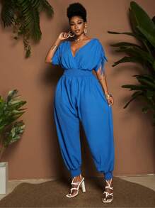 Maweii Plus Size Women's Vacation Style Blue V-Neck Ruched Harem Jumpsuits - Blue - View 1