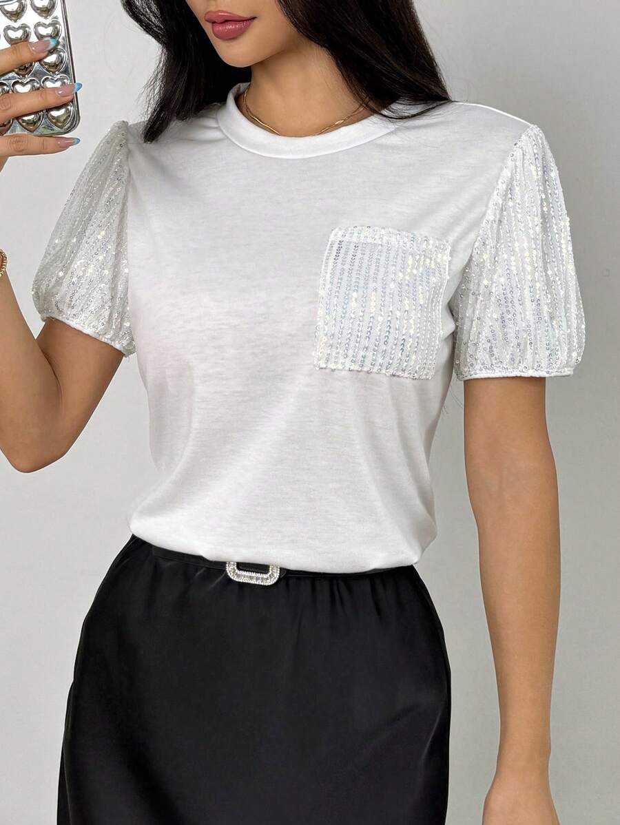 Chiquease 2025春夏泡泡袖圆领修身T恤 - 白色 - 查看 1