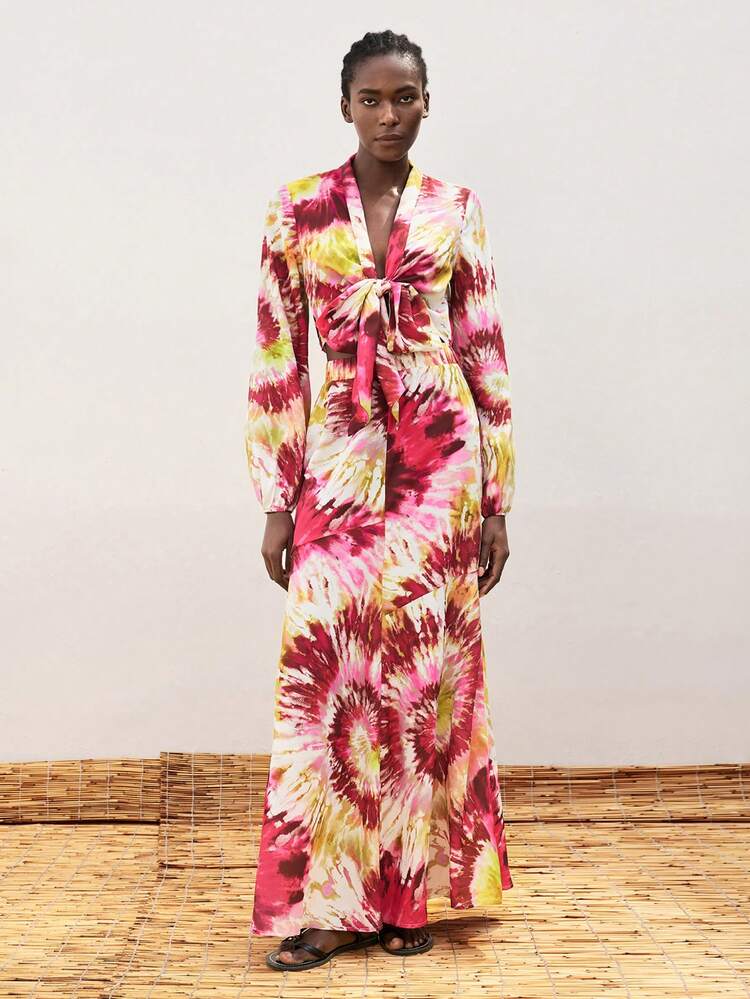 SHEIN Maija Women's Red Tie-Dye Tropical Print Blouse, Elegant Sexy Simplistic Front Tied Long Sleeve Bohemian Style Summer Top