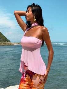 Opulessa Áo crop top đan màu trơn bó sát viền bất đối xứng dành cho nữ - Hồng - Xem 4