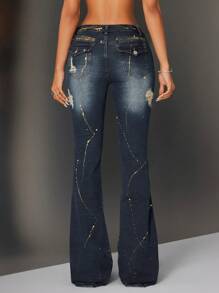 SHEIN ICON Low Waist Retro Washed Women's Flare Jeans - Dark Wash - View 2