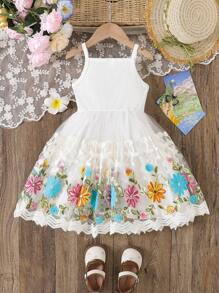 SHEIN Glamorique Kids 白色夏季仙女花童刺繡花朵婚紗禮服，少女珠飾公主細肩帶洋裝，適合日常或度假穿著 - 白色 - 查看 2