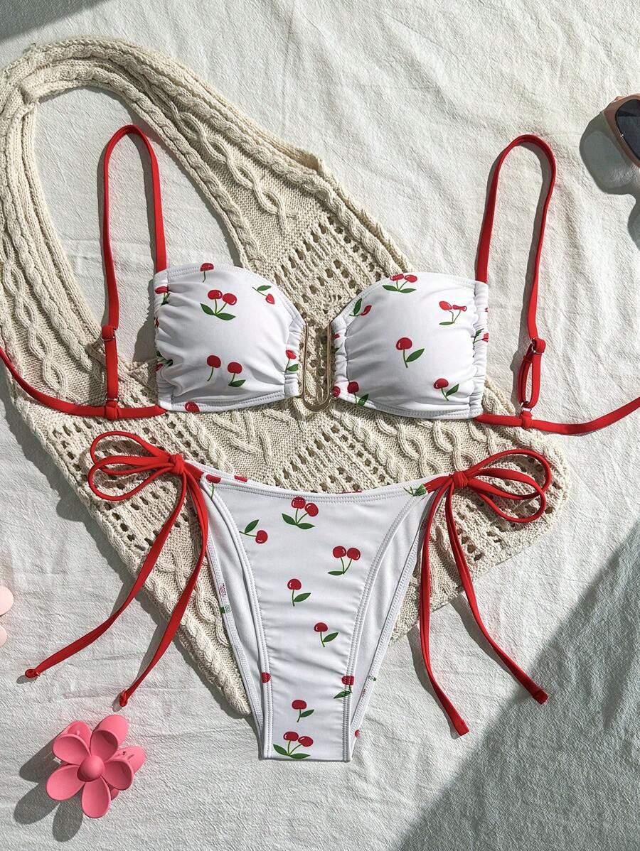 SHEIN 2pcs/Set Women Random Floral Print Adjustable Strap Wireless Bikini Top And Self-Tie Side Bottoms, Cute Vacation Swimwear Set - Multicolor - View 1