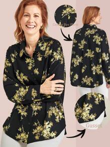 EMERY ROSE 大码女式休闲花卉金色纽扣装饰衬衫，秋季 - 黑色 - 查看 1