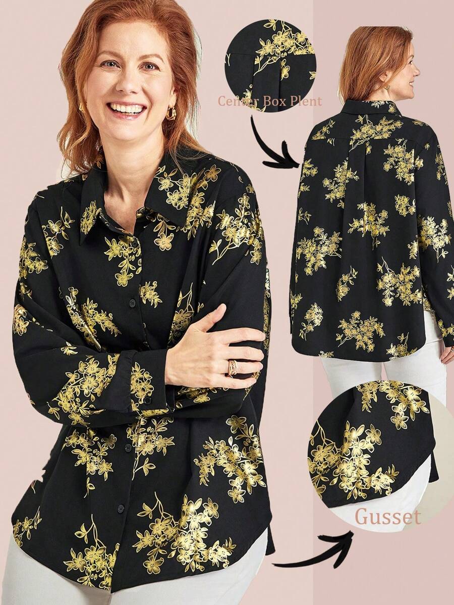 EMERY ROSE 大码女式休闲花卉金色纽扣装饰衬衫，秋季 - 黑色 - 查看 1