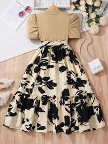 SHEIN Girl's Casual Print Pattern Cinched Waist Long Dress, Suitable For Everyday Wear And Commuting - Multicolor - View 2