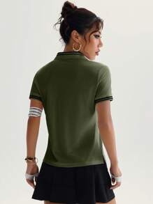 CourtClass 女士休闲条纹短袖运动 Polo 衫，夏季 - 軍綠色 - 查看 2