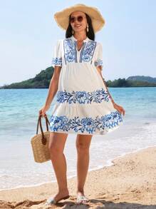 SHEIN Maternity Casual Floral Print V-Neck Short Puff Sleeve Dress