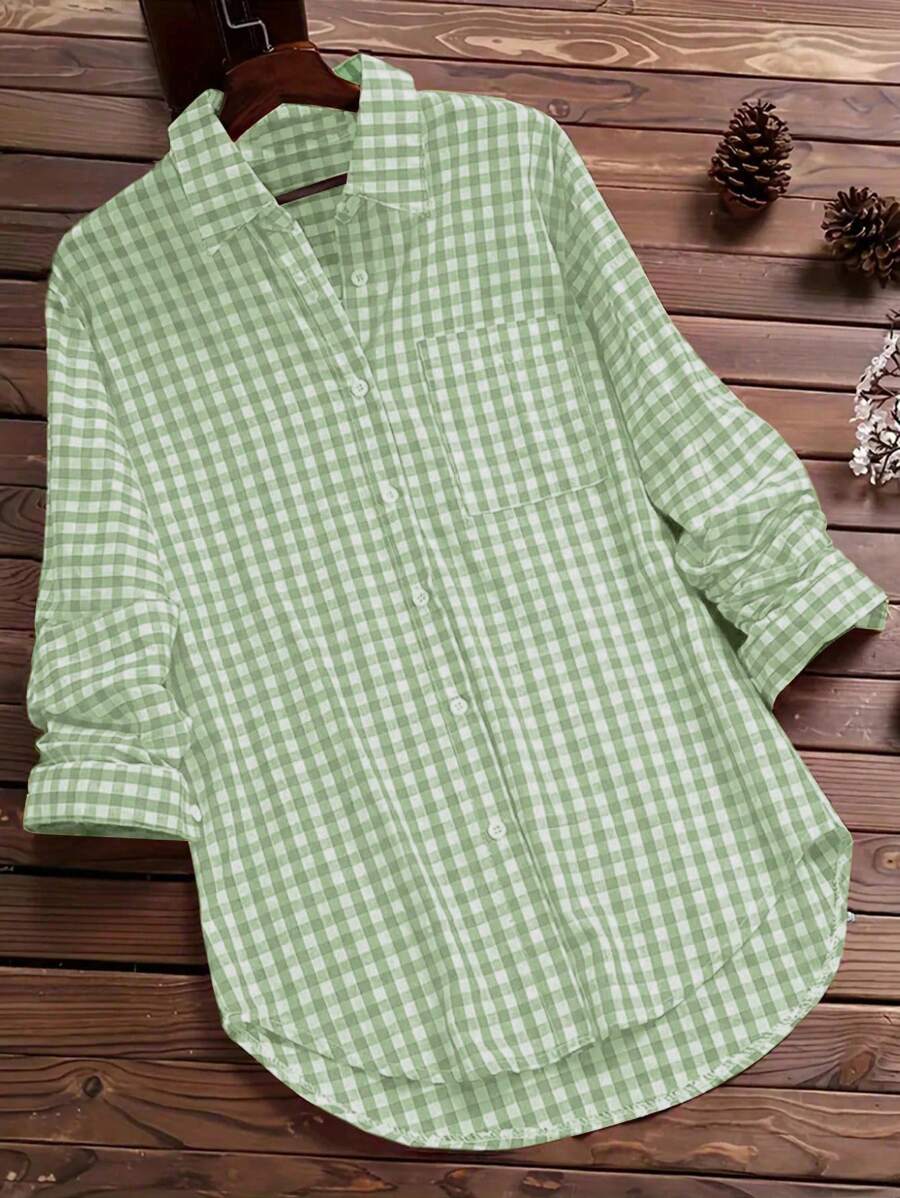 INAWLY Women's Plaid Long Sleeve Single-Breasted Pocket Casual Shirt, Autumn Fall Cloth For Women - Lime Green - View 1