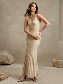 Anewsta Spring, Summer, Elegant, Vacation, Date Night, Beach, Sun Dress Women Square Collar Solid Mermaid Hem Sleeveless Bodycon Maxi Knit Dress - White - View 7