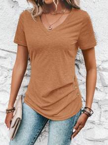 SHEIN Clasi Maglietta casual da donna con scollo a V, maniche corte, con design arricciato con bottoni sui lati