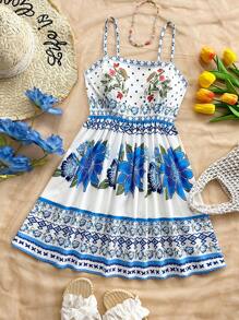 Soleia 女士长款花卉印花度假连衣裙，复古蓝白浪漫休闲度假连衣裙，适合春季