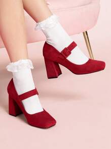 CUCCOO DOLLMOD 百搭时尚方头粗跟玛丽珍鞋 - 酒紅色 - 查看 1