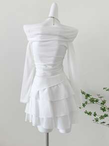 Chiquease Conjunto de 2 Peças com Top Elegante de Chiffon Ombro à Mostra Assimétrica e Saia Rodada, Primavera/Verão