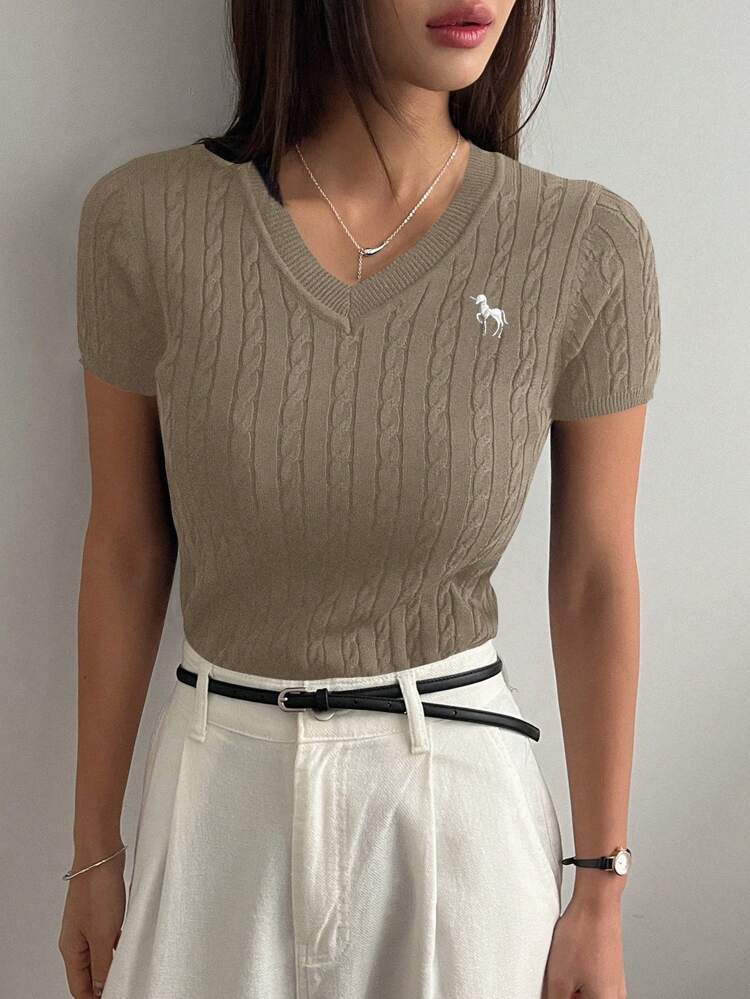 Blusa de punto de manga corta con cuello en V y ajuste ceñido, con diseño bordado, adecuada para primavera y verano