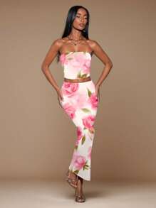 SHEIN BAE 2 件套女士花卉扎染/抹胸 2 件夏季度假套装/女士两件套/海滩装/女士沙滩装/女士度假装/度假/2 件套/女士套装/女士配套套装/狂欢装节日/度假两件套/2 件套夏季