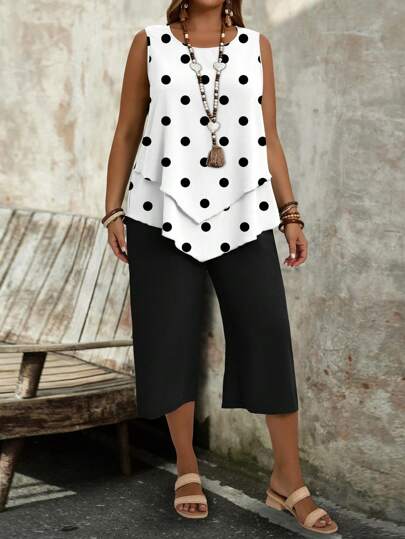 EMERY ROSE Damen Große Größen Set aus Polka Dot Bedrucktem Trägertop und Shorts, Lässig Sommer Outfit