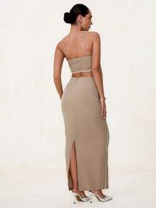 Glamine 简约风格蕾丝拼布吊带背心 + 蕾丝装饰长款超长裙，适合度假休闲装两件套裙两件套女裙女式2件套裙两件套女裙 - 卡其色 - 查看 2