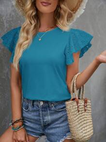 SHEIN Clasi Women's Solid Color Crew Neck Flocking Embroidery Ruffle Sleeve Casual T-Shirt - Mint Blue - View 6