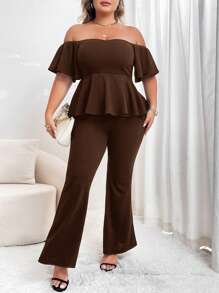 SHEIN Privé 大码纯色露肩荷叶边短袖上衣和长裤 2 件套 - 棕色 - 查看 6