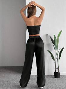 SHEIN EZwear 春季大码缎面吊带背心和裤子两件套 - 黑色 - 查看 2