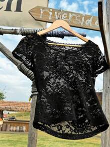 SHEIN EZwear Blusa negra de encaje con cuello redondo y mangas cortas ajustada para mujer