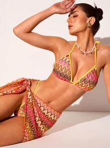 Glamine Set de 3 piezas Traje de baño de bikini de estilo crochét con tirantes de red casual para vacaciones en la playa, para mujeres, primavera/verano - Multicolor - Ver 1