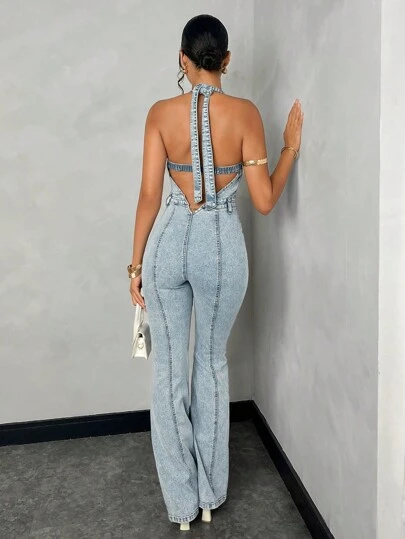 SHEIN BAE Salopetă din denim, fără mâneci, fără spate, spălată în stil stradal de vară