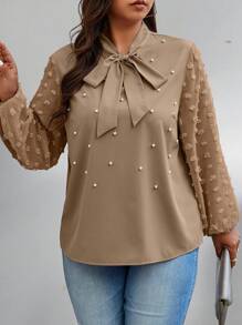 Celure 1pc Women Plus Size Tie Neck Long Sleeve Faux Pearl Elegant Blouse