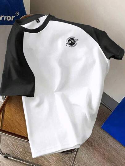 SHEIN Tween Boy 休闲拼色插肩袖字母印花圆领短袖 T 恤，适合春夏季，适合户外玩耍、上学、街头摄影、派对和休闲穿着