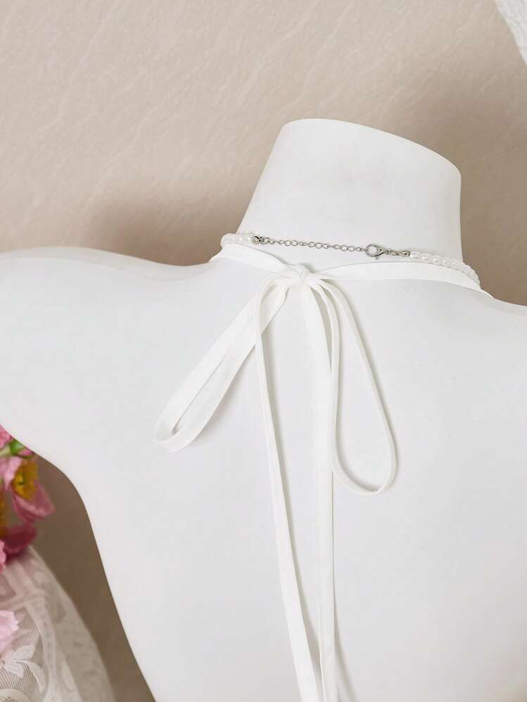 SHEIN Unity Women's Floral Embroidery Mesh Sheer Halter Neck Camisole - White - View 4