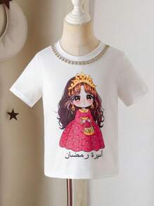 Young Girl Cartoon Print Short Sleeve Top & Tiered Ditsy Floral Skirt 2 Pieces Set - Multicolor - View 6