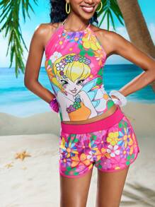Winx Club X ROMWE 2pcs/Set Women Figure And Floral Print Halter Top And Shorts - Multicolor - View 2