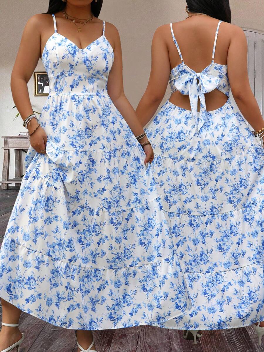 Flirla Đầm hai dây in họa tiết ngẫu nhiên cỡ lớn cho nữ, trang phục maxi suông cho nữ - Xanh và trắng - Xem 1