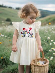 Cozy Pixies Baby Girl Plant & Floral Pattern Round Neck Sleeveless Waist Cinching Dress - Beige - View 1