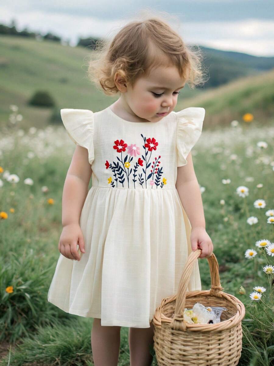 Cozy Pixies Baby Girl Plant & Floral Pattern Round Neck Sleeveless Waist Cinching Dress - Beige - View 1