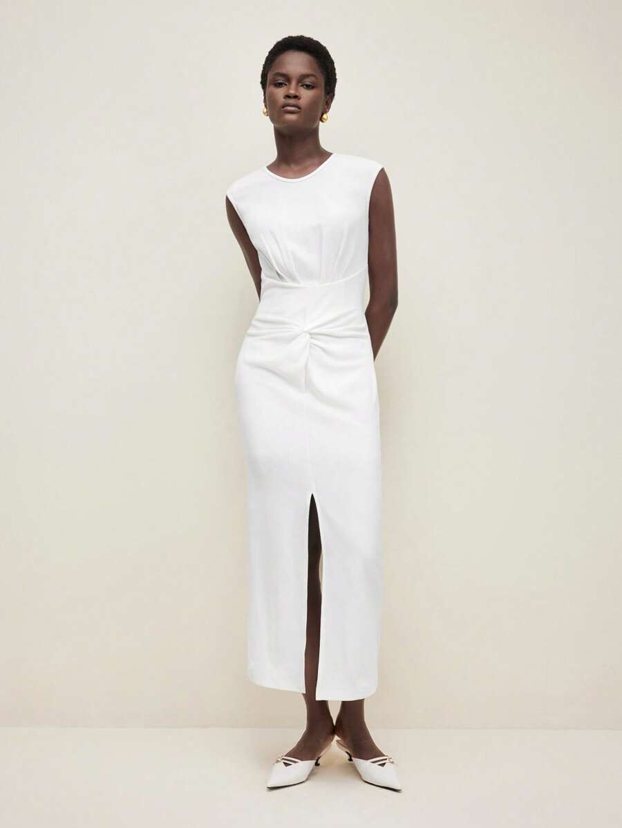 BizChic New Spring/Summer Women Elegant White Sleeveless Open Shoulder Split Dress For Daily, Work, Date, Commute, Vacation, And Wedding Season - Apricot - View 1