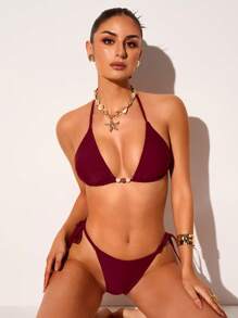 Glamine Trang phục đi biển mùa hè cho nữ: Bikini tam giác buộc dây màu trơn mới, trang trí ngọc trai, hở lưng, bộ 2 mảnh cho kỳ nghỉ - Màu Đỏ Sâu - Xem 3