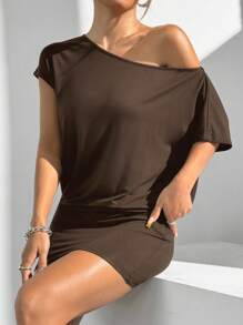 LYSMO Solid Color Asymmetric Collar Loose Fit Short Sleeve Dress - Brown - View 7