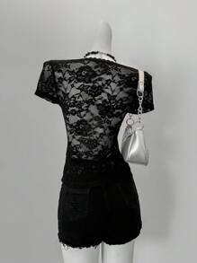 SHEIN EZwear Blusa negra de encaje con cuello redondo y mangas cortas ajustada para mujer
