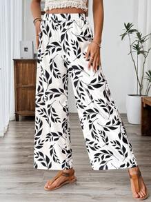 Breezaya Pantalones anchos de estilo casual con estampado de hojas, de estilo europeo y americano