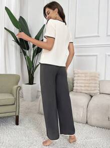 撞色绑带纽扣前睡衣套装/睡衣套装 - 彩色 - 查看 2