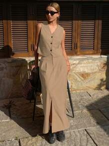DAZY Vintage Style Solid Color Fitted Sleeveless V-Neck Vest & A-Line Mini Skirt 2 Pieces Set For Women, Spring & Summer Work Women Clothes Linen