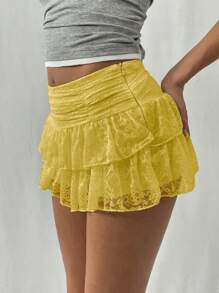 EgrlEra Women's Fashionable Sweet Solid Color Double-Layered Lace White Mini A-Line Skirt Y2K 