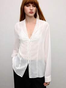 BizChic 女士春夏优雅雪纺花卉蕾丝拼布系带 V 领长袖衬衫，适合日常、工作、约会、通勤、度假