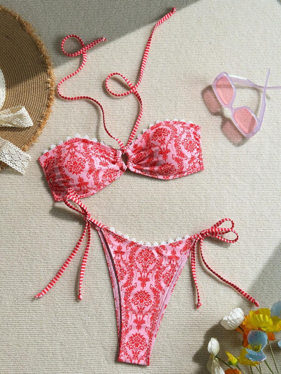 SHEIN Swim Minimalist Floral Printed Random Padded Chest Top And Slim Side Strap Triangle Bikini Bottom, For Summer Beach Vacation - Multicolor - View 1