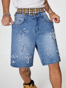 PAVTROS Quần short denim rộng rãi thường ngày có túi vá chéo dành cho nam - Rửa trung bình - Xem 8