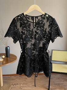 Franclia 女款優雅刺繡蕾絲上衣與純色細肩帶洋裝套裝 - 黑色 - 查看 5